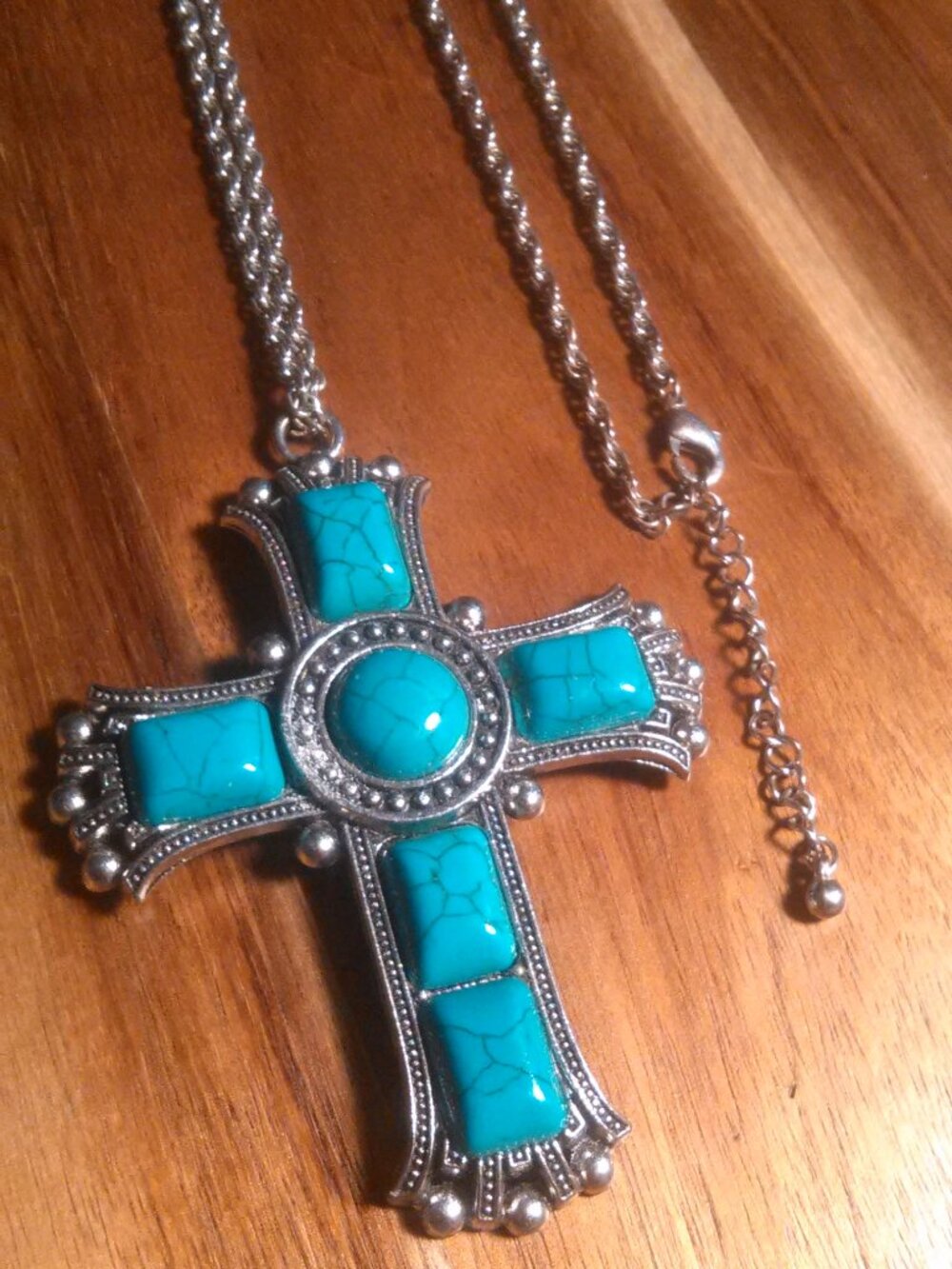 Blue Howlite Three Inch Cross Silvertone Pendant Necklace